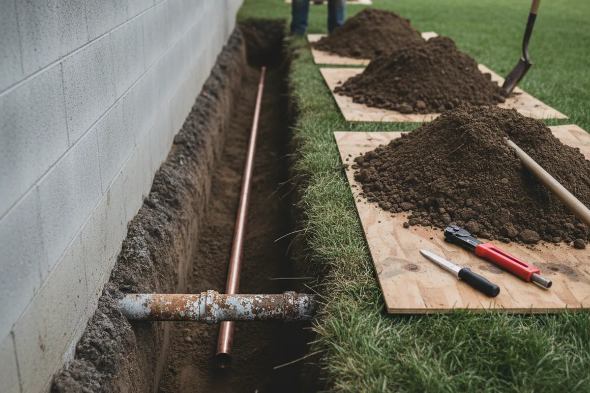 Excavated water line trench during Water Softener Installation in Sonoita